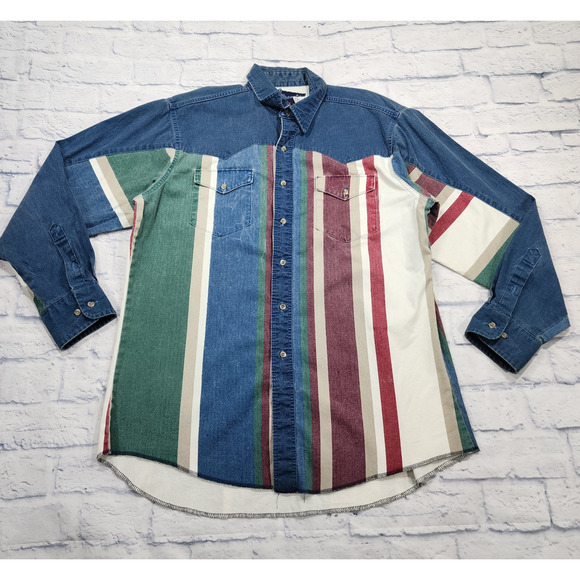 Wrangler Brushpopper Shirt MENS 16.5-34 Striped Western VINTAGE 90s X-Long Tails - Picture 1 of 11